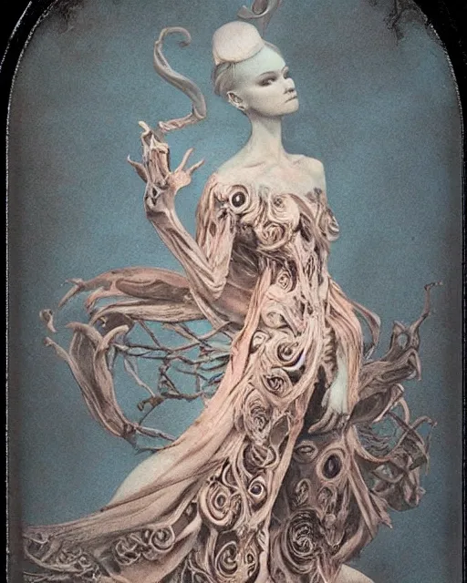 Image similar to a beautiful detailed front view of a dead rotten princess growing ornate baroque, ornamentation, elegant, beautifully soft lit, by wayne barlowe, peter mohrbacher, kelly mckernan, 1 9 1 0 polaroid photography