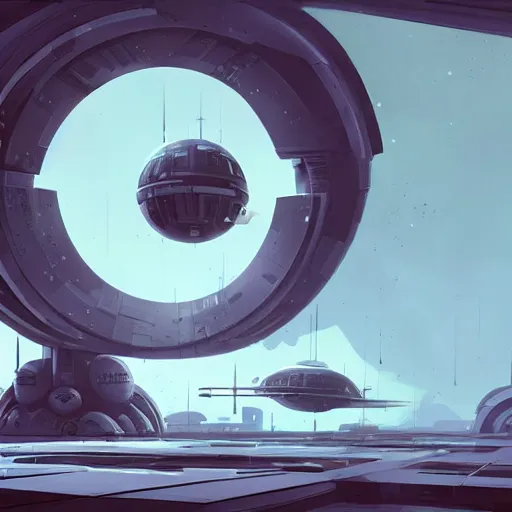 Image similar to a super structure inspired by the death star floating in the space, with spaceship coming to it, by ian mcque and neil blevins