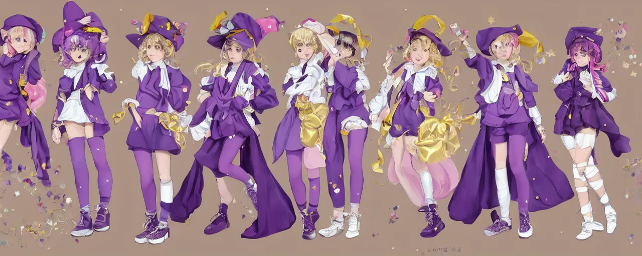 Prompt: A character sheet of full body cute magical girls with short blond hair wearing an oversized purple Beret, Baggy Purple overall shorts, Short Puffy pants made of silk, pointy jester shoes, a big billowy scarf, Golden Ribbon, and white leggings Covered in stars. Short Hair. Sunlit. Haute Couture. Artist\'s clothes. Art by william-adolphe bouguereau and Paul Delaroche and Alexandre Cabanel and Lawrence Alma-Tadema. Smooth. Elegant. Highly Detailed. Intricate. 4K. UHD. Denoise.