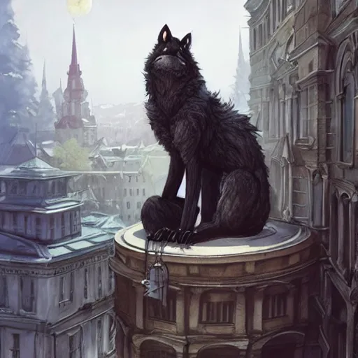 Prompt: werewolf sitting on lviv city hall, portrait, highly detailed, full body, digital painting, trending on artstation, concept art, sharp focus, illustration, art by artgerm and greg rutkowski and magali villeneuve