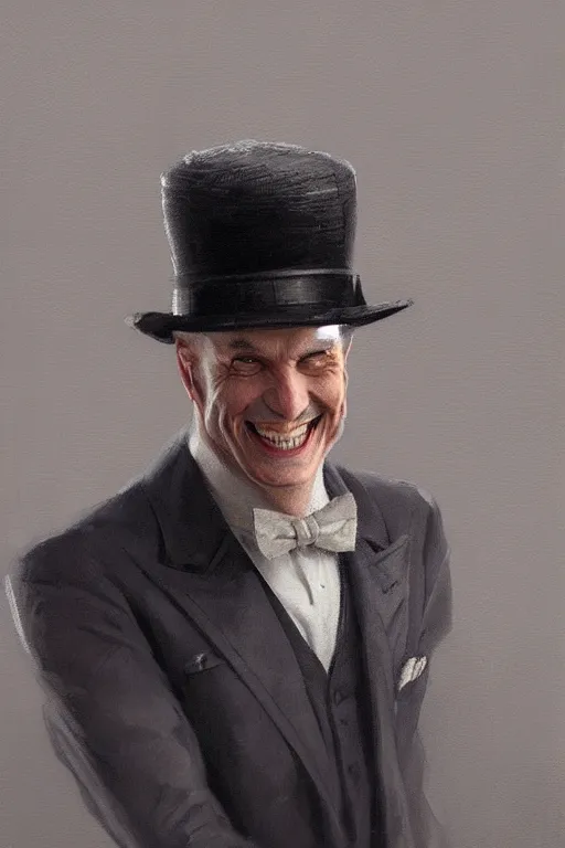 Prompt: a grey hair man with stubble top hat and suit smile by Greg Rutkowski, painting, portrait, high details, trending on artstation