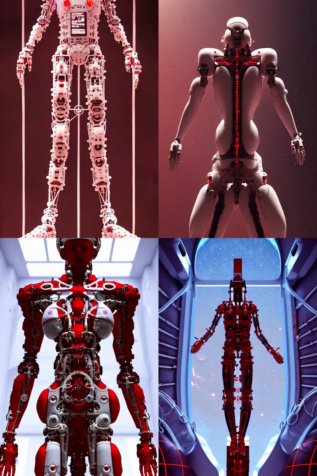 Prompt: space station, a statue jesus on cross made of red marble, perfect symmetrical body, full body shot, white biomechanical, wearing epic bionic cyborg implants, inflateble shapes, tubes, wires, veins, masterpiece, intricate, biopunk, vogue, highly detailed, artstation, concept art, background galaxy, cyberpunk, octane render