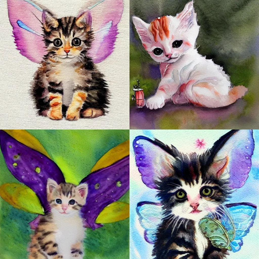 Prompt: adorable kitten with fairy wings, watercolor