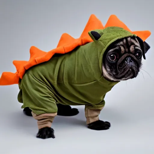 Image similar to a pug wearing a dinosaur costume, photo