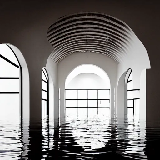 Image similar to interior of a flooded building, all white, minimalistic architecture, rounded ceiling, arched doorway, dim lights, liminal space,