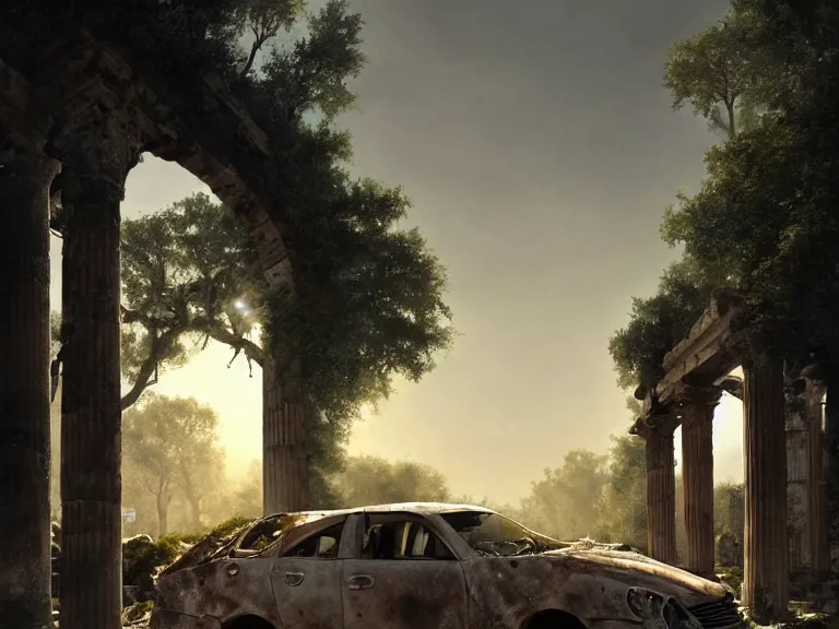 Image similar to a tree growing on a scrap car in ancient greek ruins, gray wasteland, many scrap cars, overgrown, pillars and arches, vines, hyperrealistic, highly detailed, cinematic, ray of golden sunlight, beautiful, cgsociety, artstation, 8 k, oil painting by greg rutkowski, by artgerm, by wlop