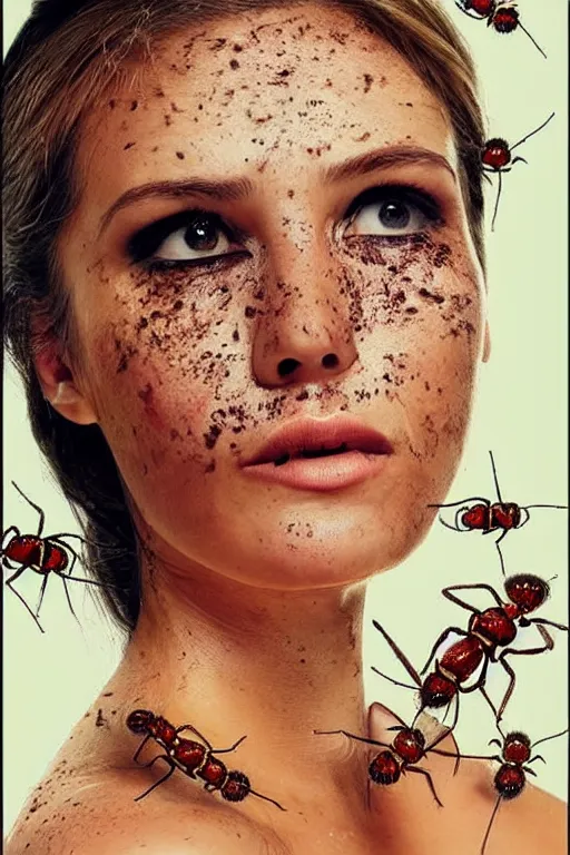 Image similar to a photo of a pretty woman with many ants on her face. movie poster. detailed. artistic. pretty