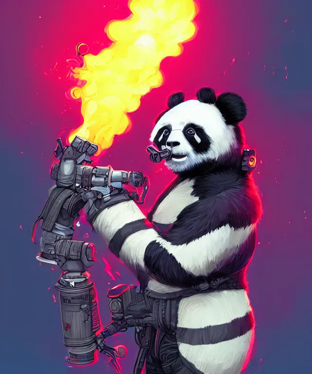 Image similar to a portrait of a cyberpunk panda holding a flamethrower, fantasy, elegant, digital painting, artstation, concept art, matte, sharp focus, illustration, art by josan gonzalez