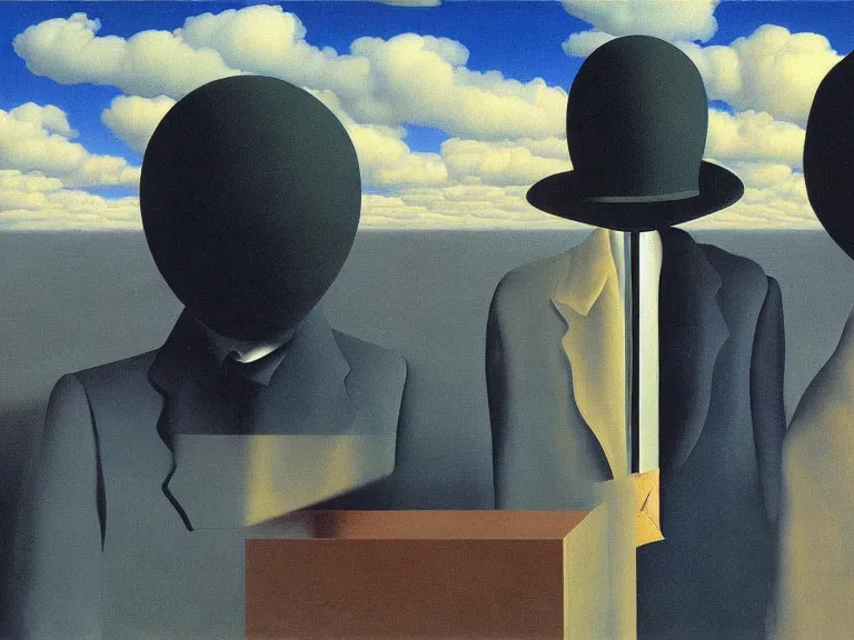 Image similar to surrealist painting by rene magritte, high detail, high resolution