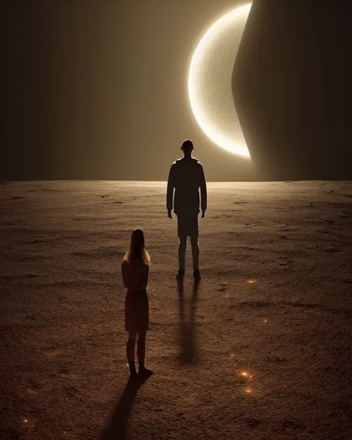 Image similar to a person standing in front of a glowy open door that's on a barren moon, poster art by mike winkelmann, trending on cg society, space art, sci - fi, ue 5, futuristic, volumetric lighting, light casting onto the ground, neat composition and camera angle