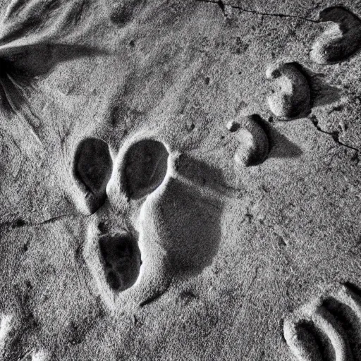 Prompt: i touch the smooth fossilised footprint of a long extinct dinosaur. my hand examines the space. cinematic hdr 3 5 mm