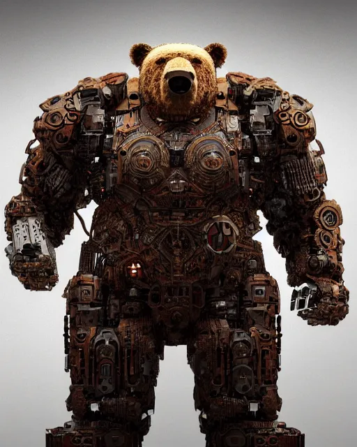 Image similar to a full body shot of an imposing cyborg ( bear ) modeled after a bear looking into the camera, android, cyborg, full body shot, intricate, 3 d, hyper realism, symmetrical, octane render, strong bokeh, fantasy, highly detailed, depth of field, digital art, artstation, red, concept art, cinematic lighting, trending