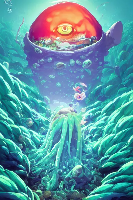 Image similar to roots cactus sushi cristal smurf ghost creature animal sushi cristal very big eye roots cactus elemental flush of force nature micro world fluo fishscale, behance hd by jesper ejsing, by rhads, makoto shinkai and lois van baarle, ilya kuvshinov, rossdraws radiating a glowing aura global illumination ray tracing hdr