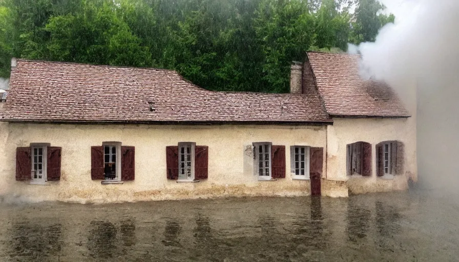 Image similar to mini dv camera footage of a heavy heavy burning french style little house, heavy rain, in a small northern french village, heavy grain, very low quality, high detail, dramatic light