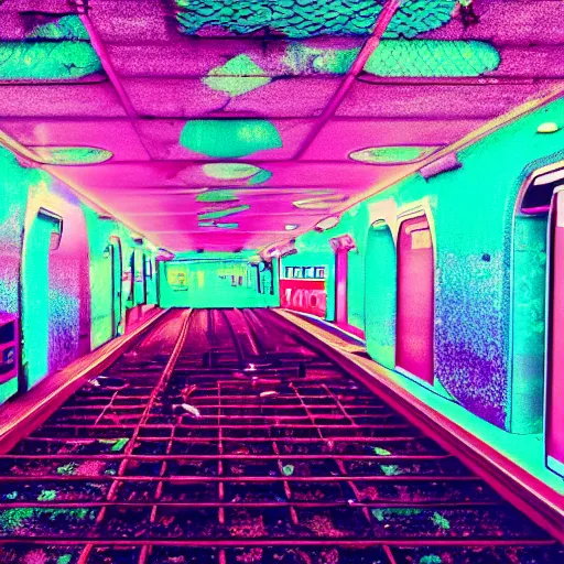 Prompt: futuristic, pastel colors, hd 8 k, abandoned, overgrown, lo - fi, vaporwave, subway station, trippy, fantasty
