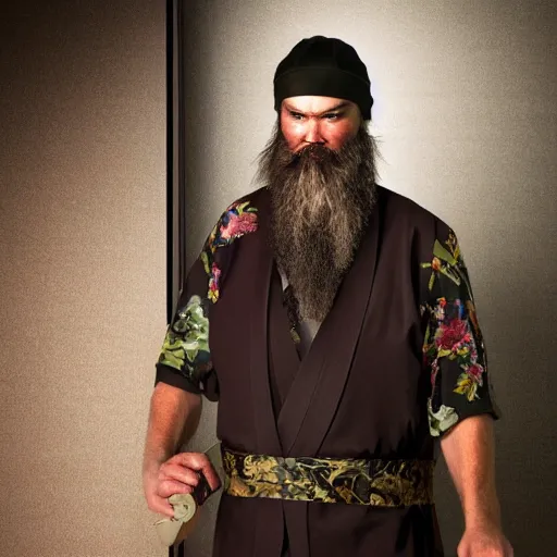 Prompt: duck dynasty dress as yakuza, award winning photograph, radiant atmosphere