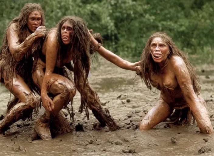 Prompt: cavewomen mud wrestling a neanderthal woman, movie still, from the movie quest for fire, 8 k, realistic