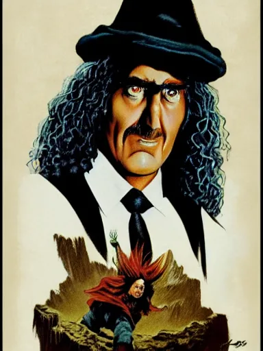 Image similar to weird al as a wizard, serious expression, in the style of frank frazetta