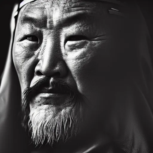 Prompt: Photo of Genghis Khan, close-up, high detail, studio, ominous background, smoke, 85mm Sigma Art Lens