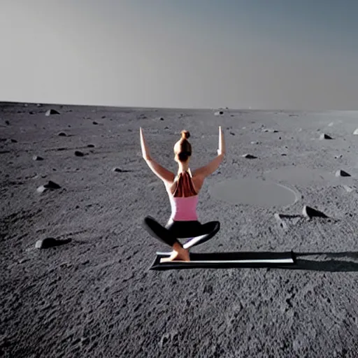 Prompt: female yoga instructor on a surface of the moon, earth planet visible in the distance