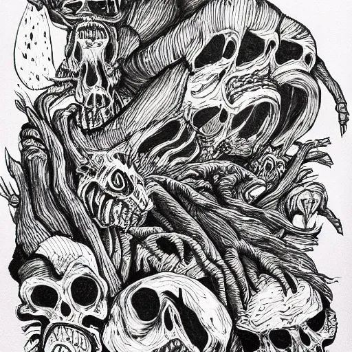 Image similar to nightmare Monsters, ink drawing