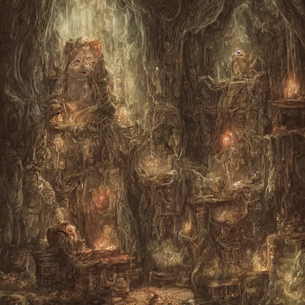 Prompt: Digital painting of a wizened old goblin sorcerer relaxing in his magic tower’s study, highly intricate and detailed fantasy painting, trending on artstation