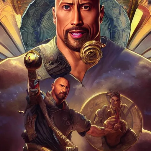 Prompt: Dwayne Johnson and Ryan Gosling Save the World, fantasy, intricate, elegant, highly detailed, digital painting, artstation, concept art, smooth, sharp focus, illustration, art by artgerm and greg rutkowski and alphonse mucha