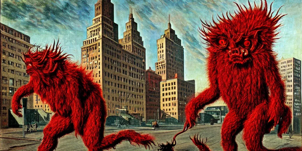 Prompt: a red hairy mysterious crptid devil monster on the streets of Detroit in the 1880's artwork by Ivan Albright