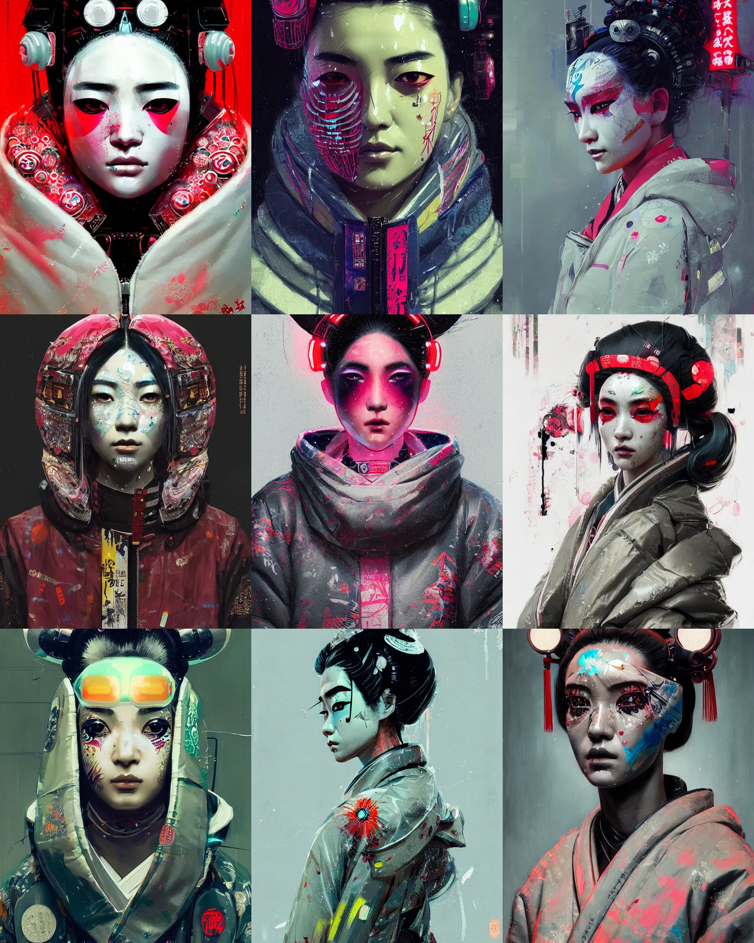 Prompt: detailed portrait geisha, cyberpunk futuristic neon, reflective puffy coat, decorated with traditional Japanese ornaments by Ismail inceoglu dragan bibin hans thoma greg rutkowski Alexandros Pyromallis Nekro Rene Maritte Illustrated, Perfect face, fine details, realistic shaded, fine-face, pretty face