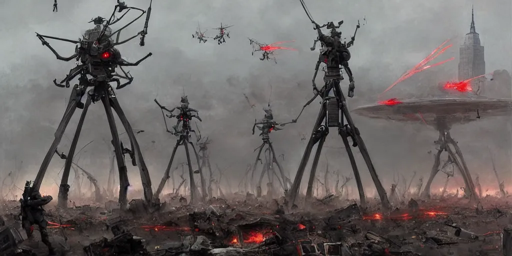 Prompt: war of the worlds, martian tripods attack new york, human soldiers try to counter - attack, intense fighting, digital painting, very detailed, art by jakub rozalski