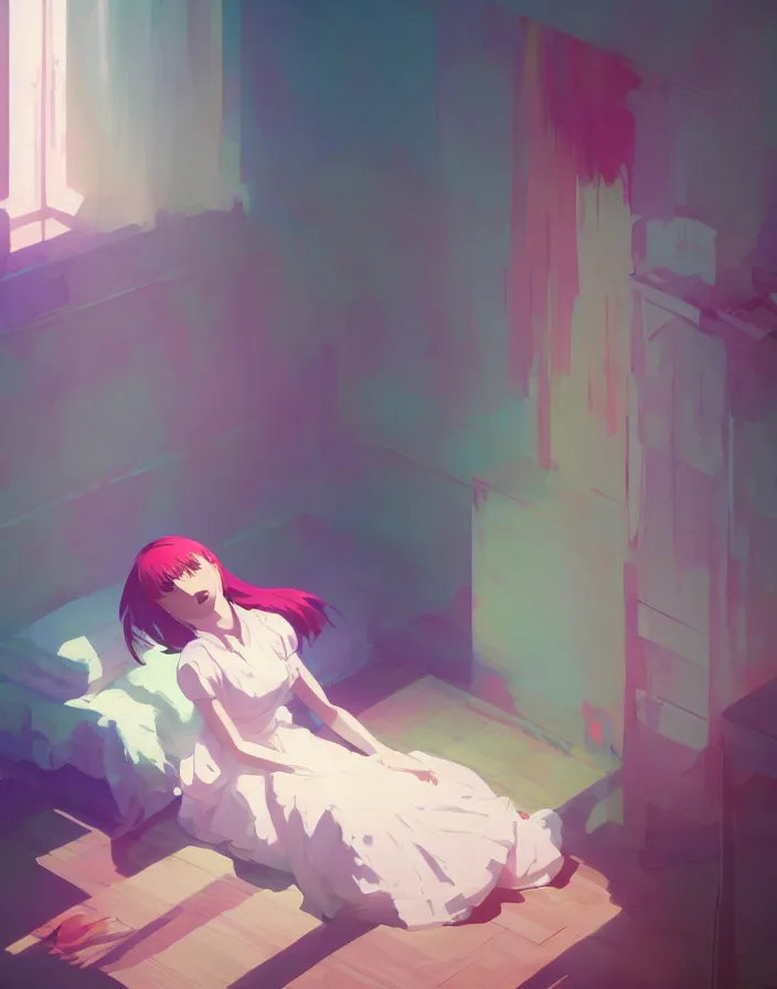 Prompt: a woman sitting in her bedroom, white dress, vibrant colors, psychadellic colors, matte, art by ilya kuvshinov and kyoto animation and ruan jia and ross tran, studio quality, aniplex,