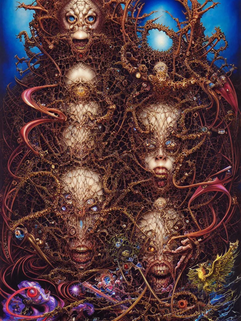Prompt: realistic detailed image of Technological Nightmare Abomination Monster Diamond God by Ayami Kojima, Amano, Karol Bak, Greg Hildebrandt, and Mark Brooks, Neo-Gothic, gothic, rich deep colors. Beksinski painting, part by Adrian Ghenie and Gerhard Richter. art by Lisa Frank. masterpiece