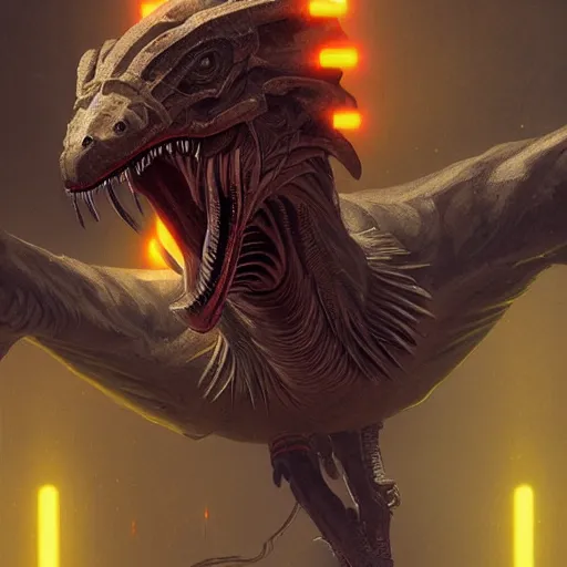 Image similar to a detailed tarot card of a futuristic cyborg velociraptor, neon outline, mouth open in a terrifying roar, 8 k, artstation, art by greg rutkowski, pixiv