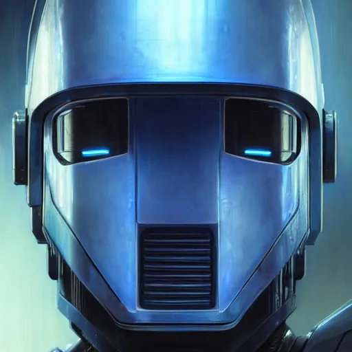 Prompt: robot with glowing blue single line visor as a realistic scifi cyberpunk knight, closeup portrait art by donato giancola and greg rutkowski, realistic face, digital art, trending on artstation, symmetry!!!