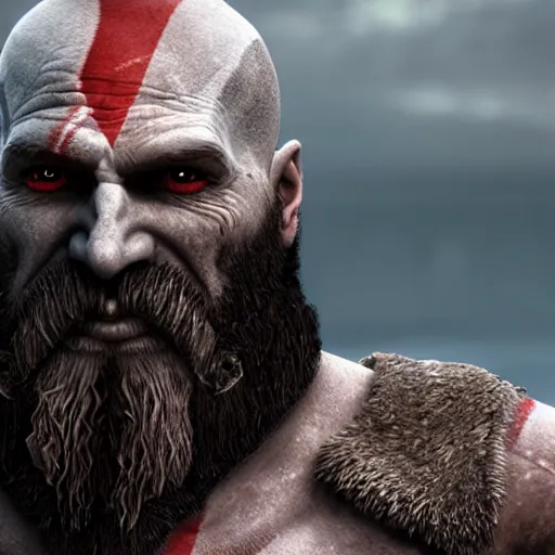 Prompt: god of war kratos beard strong viking old golden armor in snow walking 8 k, unreal engine 5