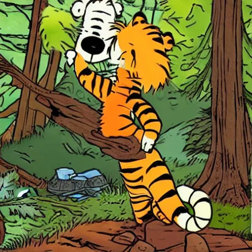 Image similar to Calvin and Hobbes camping in the forest in the future