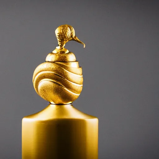 Image similar to golden snail award trophy on top of a marble pillar, white background, soft lighting