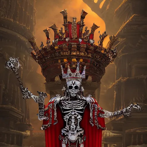 Prompt: skeleton king in a temple, standing. Thick red robes, shinning jeweled crown. Mighty, 4k, artstation, high detail, octane, wide angle shot from below