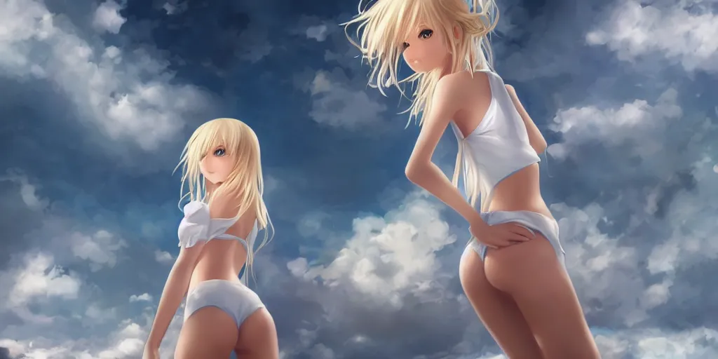 Prompt: tiny father a tall daughter picture : a very beautiful young blond anime girl, sky blue eyes, bikini, white miniskirt, highly detailed, cinematic wallpaper by stanley artgerm lau