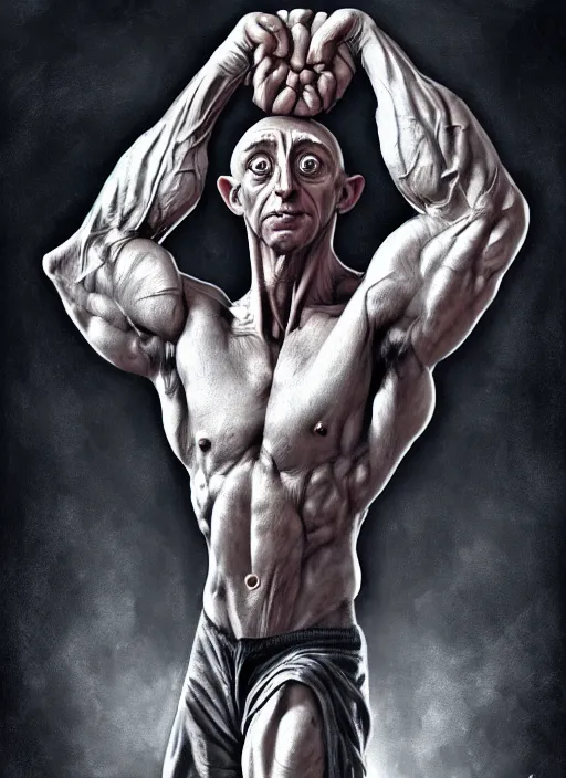 Prompt: dobby the house elf as a bodybuilder, flexing, big muscles, elegant intricate digital painting artstation concept art by mark brooks and brad kunkle and beksinski extreme detail 4 k