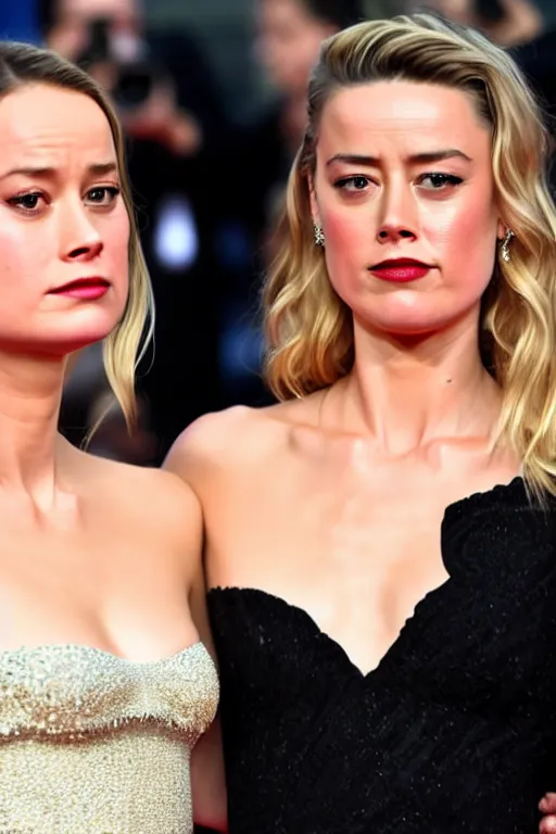 Image similar to brie larson and amber heard holding hands on the red carpet, beautiful detailed faces