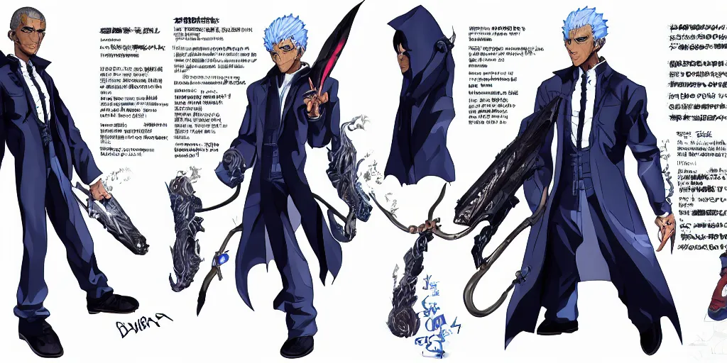 Image similar to Fusion of Barak Obama and Vergil from the game Devil May Cry in the style of Araki Hirohiko, Jojo\'s Bizarre Adventure, character design sheet