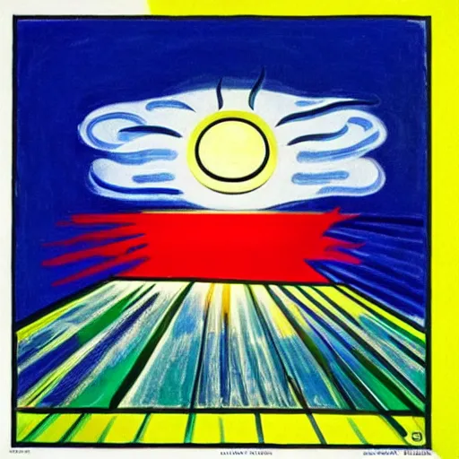 Image similar to sun shining through clouds, Edvard Munch, David Hockney, Takashi Murakami, Minimalist,