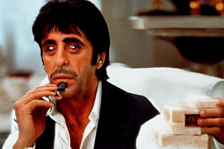 Image similar to face portrait of tony montana from movie scarface 1 9 8 3 sitting behind a big black oak table with big large packages of flour. al pacino. perfect symmetric face, coherent eyes, ron cobb, fine details, cinestill, 4 k. last scene from scarface movie, bokeh