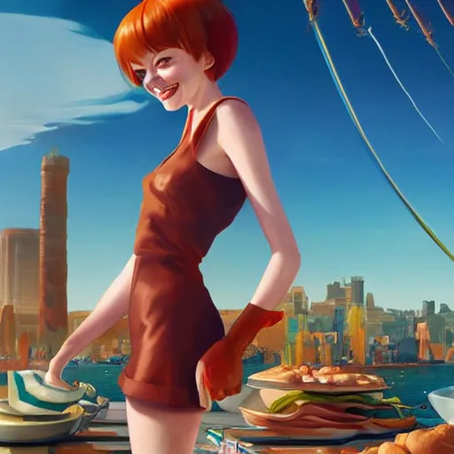 Prompt: emma stone happy to see flying big italian sausages by concept artist gervasio canda, behance hd by jesper ejsing, by rhads, makoto shinkai and lois van baarle, ilya kuvshinov, rossdraws global illumination radiating a glowing aura global illumination ray tracing hdr render in unreal engine 5