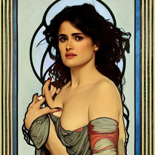 Prompt: salma hayek portrait by alphonse mucha, playful, fantasy, medieval, beautiful face, perfect detailed eyes, vivid colrs, elegant, concept art, sharp focus, digital art, hyper - realistic, 4 k, unreal engine, highly detailed, hd, dramatic lighting by brom, trending on artstation, holy halo