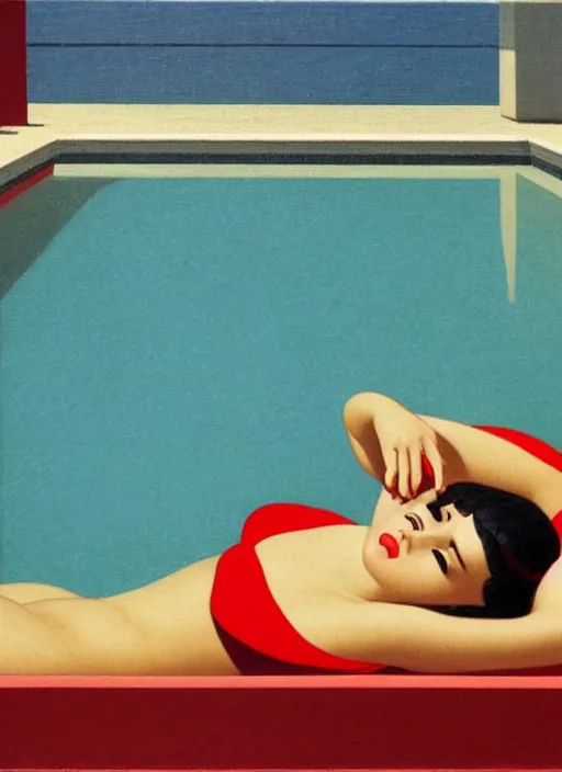 Image similar to portrait of a girl, in retro swimsuit, lying by the pool, minimalist oil painting by john godward, cheng, hsiao - ron, flat colors, beautiful lightning, sharp