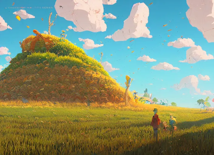 Image similar to concept art of a landscape made of corn on the cob, cel shaded, in the style of makoto shinkai and moebius and peter mohrbacher and anton fadeev
