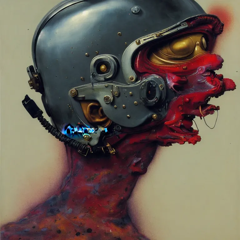 Image similar to hyperrealistic detailed higher angle portrait of a character in fighter pilot helmet, fighter jets, rich deep colors, ultra detail, by francis bacon, james ginn, petra courtright, jenny saville, gerhard richter, zdzisaw beksinski, takato yamamoto. masterpiece, elegant fashion studio ighting 3 5 mm