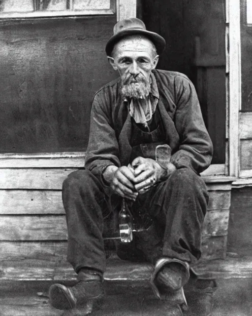Image similar to “a black and white photograph of an Appalachian bootlegger during prohibition, sitting on the porch with a jar of moonshine next to him, realistic, vintage, antiqued look, grainy film”